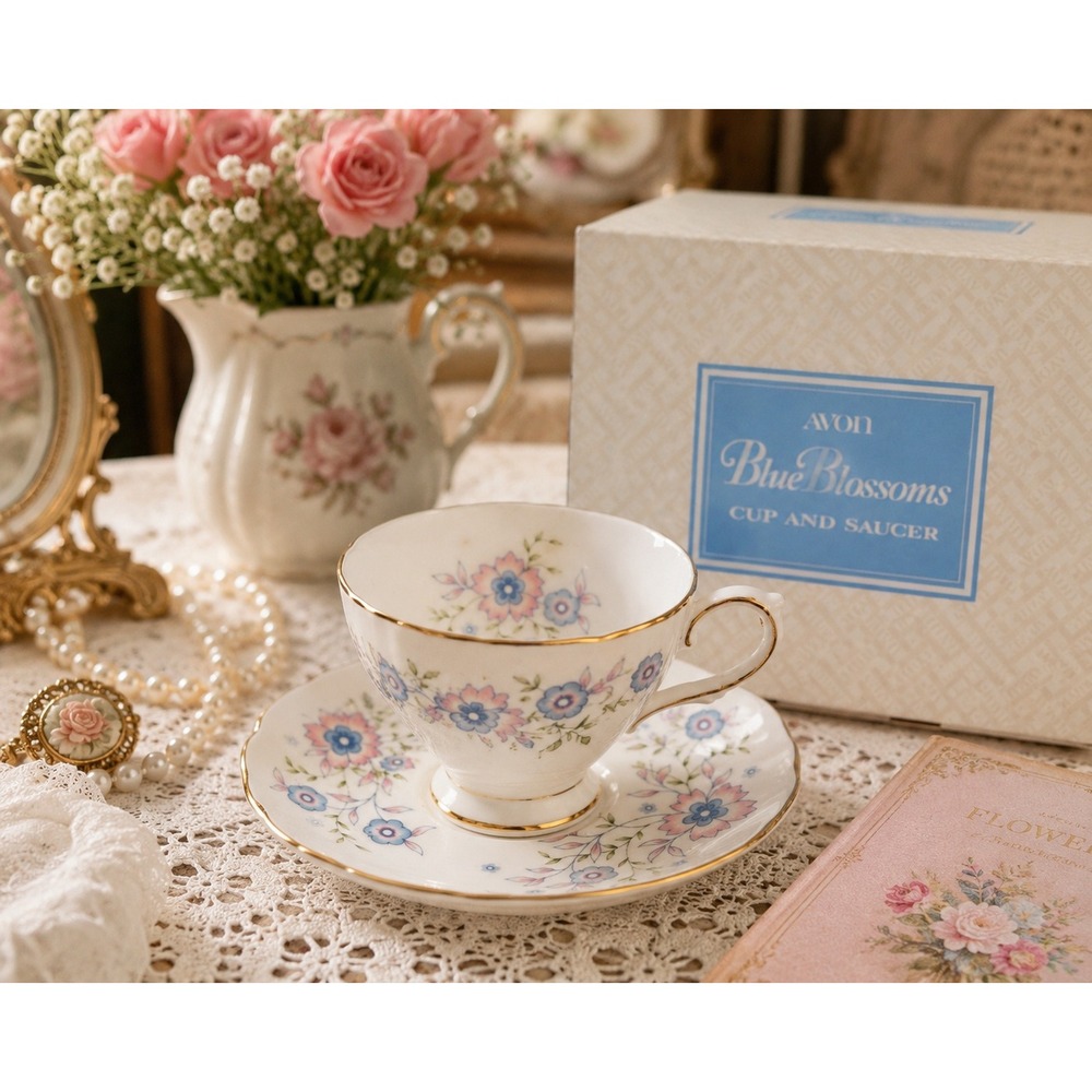 Avon Cup and Saucer Blue Blossoms Vintage Fine Bone China Floral Blue Pink 1974